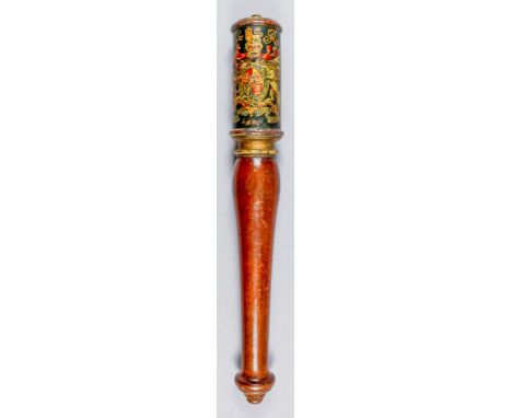 A George III turned mahogany baluster tipstaff, painted with "GIIIR" and lion over crown above royal coat of arms within gart