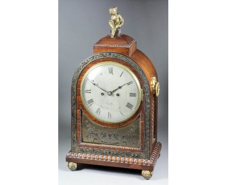 A George IV rosewood and Boulle mantel clock by Fisher of Bath, the 8ins diameter silvered dial with Roman numerals, to the e