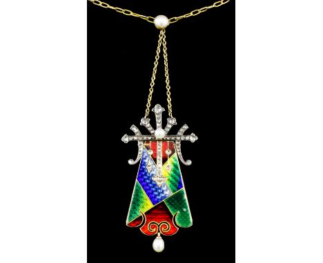An early 20th Century 18ct gold mounted enamel, diamond and pearl pendant of Art Deco design, with panels of differing colour