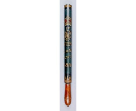 A William IV turned wood truncheon, painted with crown over "IVWR No.20 Blandd" (Blandford), "Divisn. 1830", on a dark blue g