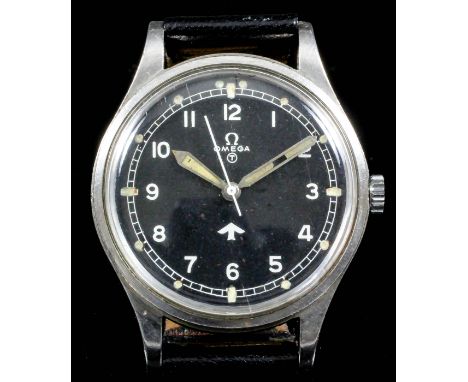 A gentleman's Omega military manual wind stainless cased wristwatch, the black dial with Arabic numerals and broad arrow, con