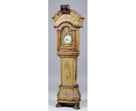 An unusual miniature Dutch style longcase clock, the 1.5ins diameter enamel watch dial with Roman and Arabic numerals, to the