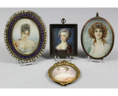 A late 19th/early 20th Century Continental miniature shoulder-length portrait of a young woman wearing pearl earrings, her ha