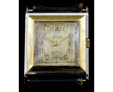 An early 20th Century gentleman's Hera 18ct yellow and white gold manual wind wristwatch, the square matted gilt dial with Ar