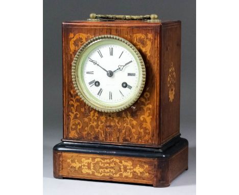 A 19th Century French inlaid rosewood cased mantel clock by Leroy of Paris, No. 558, the 3ins diameter white enamel dial with