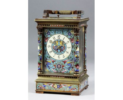 A late 19th Century French gilt brass and champleve enamel cased carriage clock by Louis Fernier &amp; Son of Paris, No. 3876