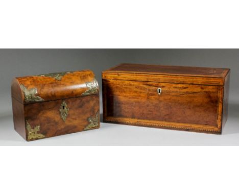 A late 18th Century mahogany two-division rectangular tea caddy, 5.75ins x 12ins x 5.5ins high, and a 19th Century Victorian 