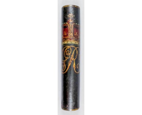 A George III turned wood cylindrical tipstaff, painted with crown over "GRIII", the reverse with "BC 7th Augt.1795", on a bla