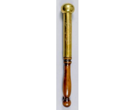 A late 18th Century brass and turned wood tipstaff with ball end, engraved with crown over "GR" over "RCVY" (Royal Clarence V