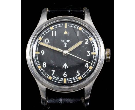 A gentleman's Smiths military manual wind stainless cased wristwatch, the black dial with Arabic numerals, contained in plain