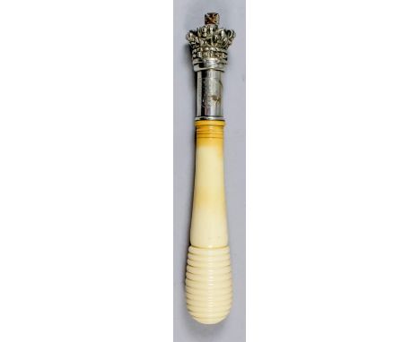 A Victorian silvery metal and turned ivory tipstaff, with cast crown over engraved royal coat of arms and shield with castle 