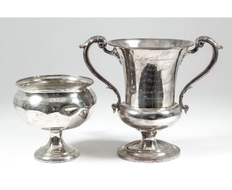 "Royal Tournament 1923 Tug-of-War (110 St.) Army First Prize" cup - A George V silver two-handled cup with moulded rim, leaf 