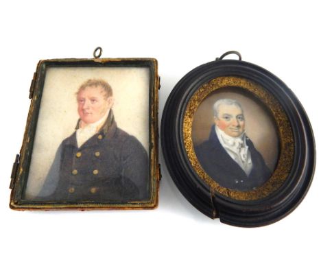 Regency oval portrait miniature of a gentleman, 7cm, and a similar rectangular portrait miniature, 9cm h