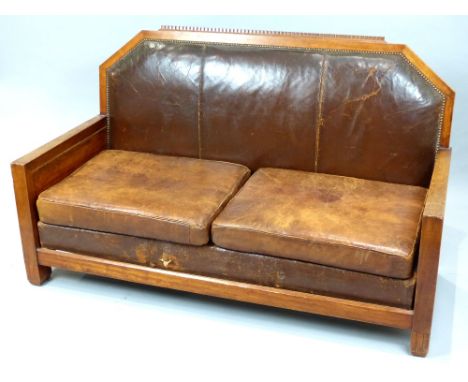 Vintage walnut tan leather sofa, probably German, c.1920s, with two loose cushions, 158cm w