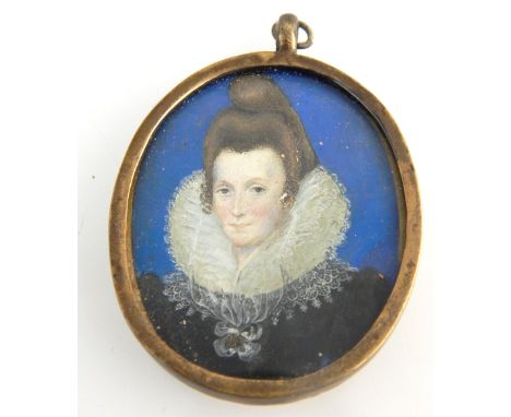 18th century oval portrait miniature of a lady with brown bunched hair, high white ruff, lace collar and black tunic, gilt me