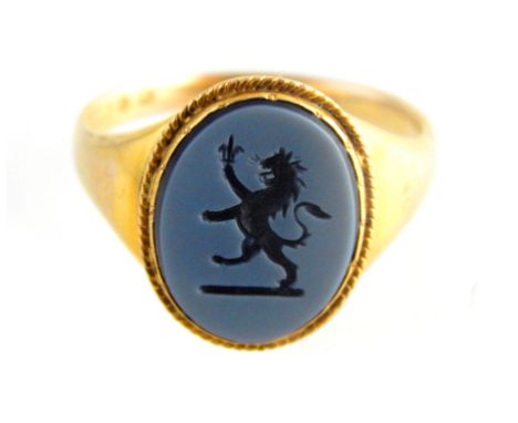 Gentleman's Victorian 9ct yellow gold signet ring, hardstone intaglio cut with a lion rampant with trident, and a 19th centur