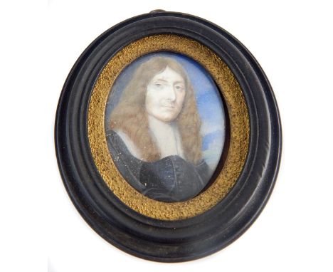 18th century oval portrait miniature of Puritan gentleman with long brown hair in traditional white collar and black tunic, 6