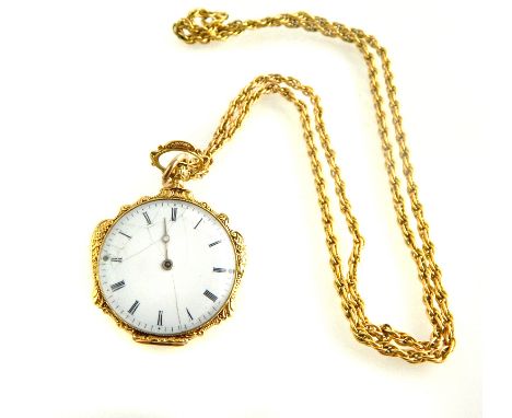 19th century French ladies 18ct yellow gold fob watch, four cylinder three jewel movement, Courvoisier Freres, the enamel dia