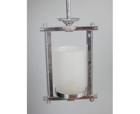 Art Deco chrome plated ceiling light, c.1930s, rectangular frame, cylindrical frosted glass shade, 59cm h