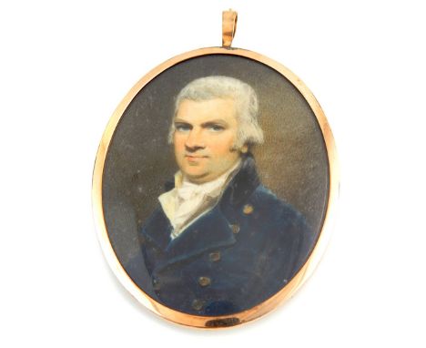 18th C portrait miniature of a naval gentleman in blue coat with brass buttons on the obverse, verso with plaited hair and mo