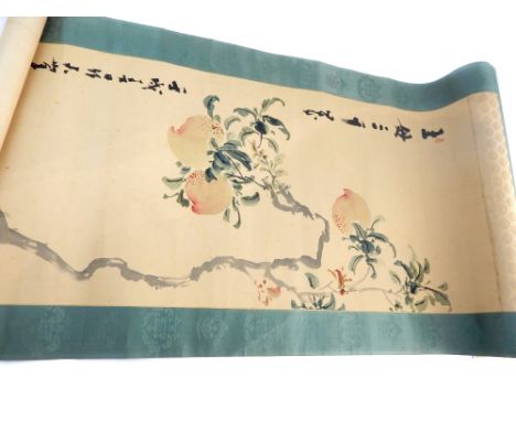 Chinese scroll signed by the painter in his 83rd year, 1922, study of peach tree in rock outcrop, ivory ferrule, bears collec