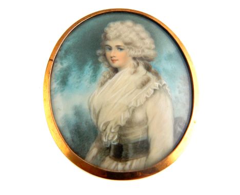 Victorian oval portrait miniature of an elegant young lady with curled white hair in white lace gown, yellow metal framed, 9c