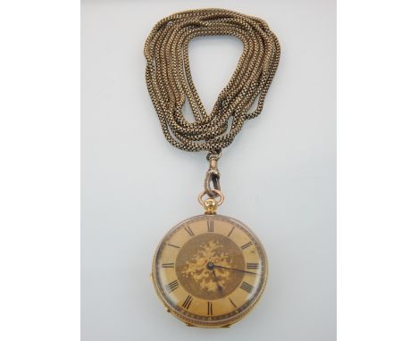 Fine 18ct gold key wind open face fob watch, with Roman chapter ring and engraved dial, reverse of case engine turned and flo