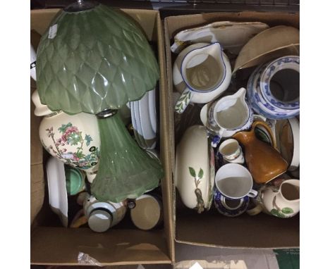 Two boxes of miscellaneous ceramics and a ceramic elephant stool