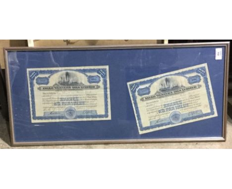 Two framed Anglo Western Oils Limited share certificates