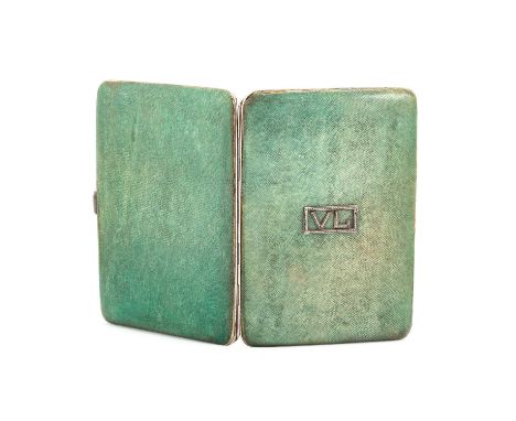 AN ART DECO FRENCH SILVER AND SHAGREEN CIGARETTE CASE bears the French Boar's head mark, rounded rectangular form, the hinged