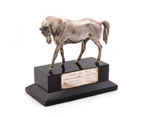 AN ELIZABETH II CAST SILVER MODEL OF A HORSE by Edward Barnard &amp; Sons Ltd, London 1967, the trophy on an ebonised plinth 