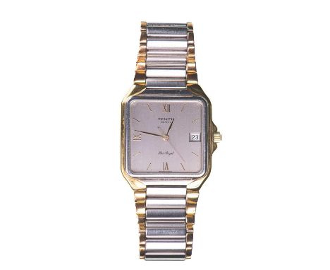 A GENTS STEEL ZENITH BRACELET WATCH square silver dial signed Zenith Quartz Port-Royal with gilt roman quarter indices and ba