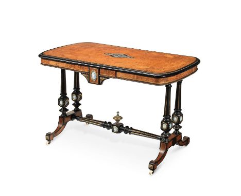 A VICTORIAN JASPERWARE INSET, ORMOLU-MOUNTED AND IVORY-INLAID AMBOYNA AND EBONISED WRITING TABLE  § c.1870, inset with Wedgwo