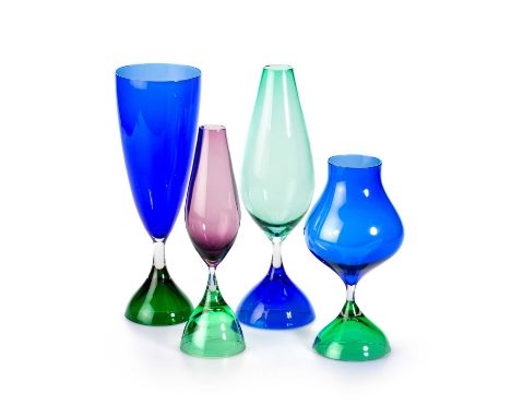 VICKE LINDSTRAND FOR KOSTA, FOUR COLOURED GLASS VASES each signed. (4) Tallest 24cmEach is in good condition without damage.