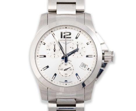 A GENTS STEEL LONGINES CONQUEST QUARTZ CHRONOGRAPH BRACELET WATCH circular silver dial signed Longines, baton indices with ar