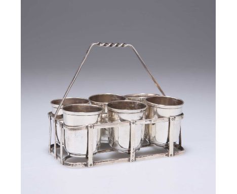 A SET OF SIX FRENCH IMPORT SILVER TOT CUPS IN A WIRE STAND import marked, by Andrew Barrett &amp; Sons, London 1892, six plai