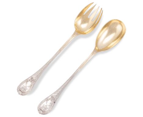 A FINE PAIR OF FRENCH SILVER SALAD SERVERS by H. Fres &amp; Cie, c.1900, comprising a spoon and a runcible spoon. (2) 26cm lo