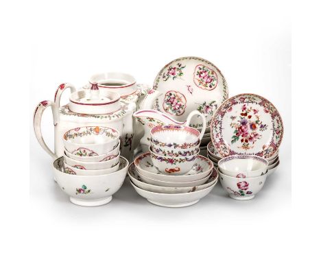 A NEW HALL 'KNITTING' PATTERN TEAPOT AND CREAM JUG pattern no. 195; together with a New Hall pattern no. 449 part tea service