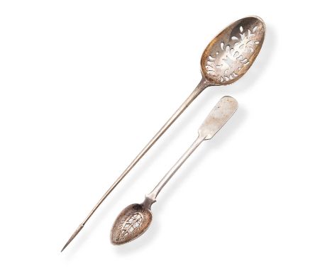 AN EARLY 19TH CENTURY SILVER TOY OR SNUFF SPOON unmarked, Fiddle pattern, the pierced bowl with bright-cut engraving; togethe