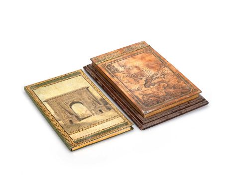 A FRENCH COPPER AND MAHOGANY-MOUNTED NOTEBOOK, CIRCA 1900 the hinged cover is decorated in low relief with Le Denicheur after