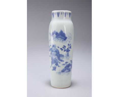 A CHINESE BLUE AND WHITE SLEEVE VASE of slender form painted with characters in a woodland landscape, one bearing a sword, th