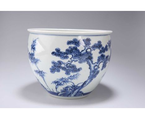 A CHINESE BLUE AND WHITE JARDINIÈRE KANGXI PERIOD painted with The Three Friends of Winter, Prunus, Pine and Bamboo, the tape