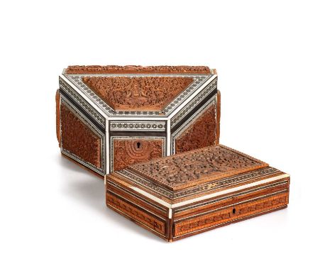 AN ANGLO-INDIAN SADELI AND CARVED SANDALWOOD STATIONARY BOX, PROBABLY BOMBAY, 19TH CENTURY  § together with a similar rectang