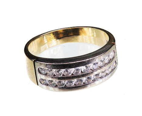 A 14K YELLOW GOLD AND DIAMOND-SET RING marked '585', two rows of channel-set round brilliant-cut diamonds, set in white gold 