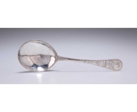AN EARLY 18TH CENTURY NORWEGIAN SILVER SPOON maker's mark CFB, engraved with a builiding and tulip flower, the backside of th