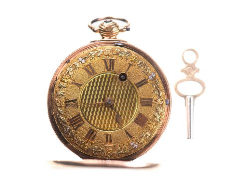 AN 18 CARAT GOLD OPEN FACE POCKET WATCH circular gold dial with gilt roman indices and engine turned centre, applied rose, ye