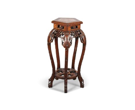 A CHINESE MARBLE-INSET ROSEWOOD PLANTSTAND, LATE 19TH CENTURY the pentagonal top with key-carved edge, over a pierced and fre