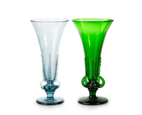 EDVIN OLLERS FOR KOSTA, TWO COLOURED GLASS VASES WITH LUGS, EARLY 20TH CENTURY the first green, the second blue. (2) Tallest 