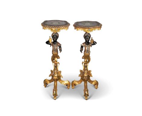 A PAIR OF VENETIAN POLYCHROME AND GILDED, CARVED BLACKAMOOR GUERIDONS, 19TH CENTURY each shaped top decorated with a floral r