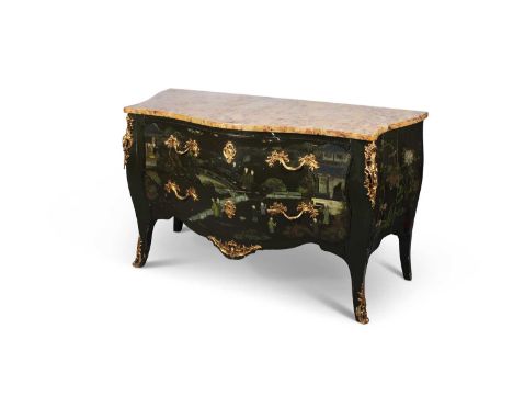 A LOUIS XV STYLE MARBLE-TOPPED,  ORMOLU-MOUNTED AND CHINOISERIE LACQUER COMMODE the serpentine top with a moulded edge, over 
